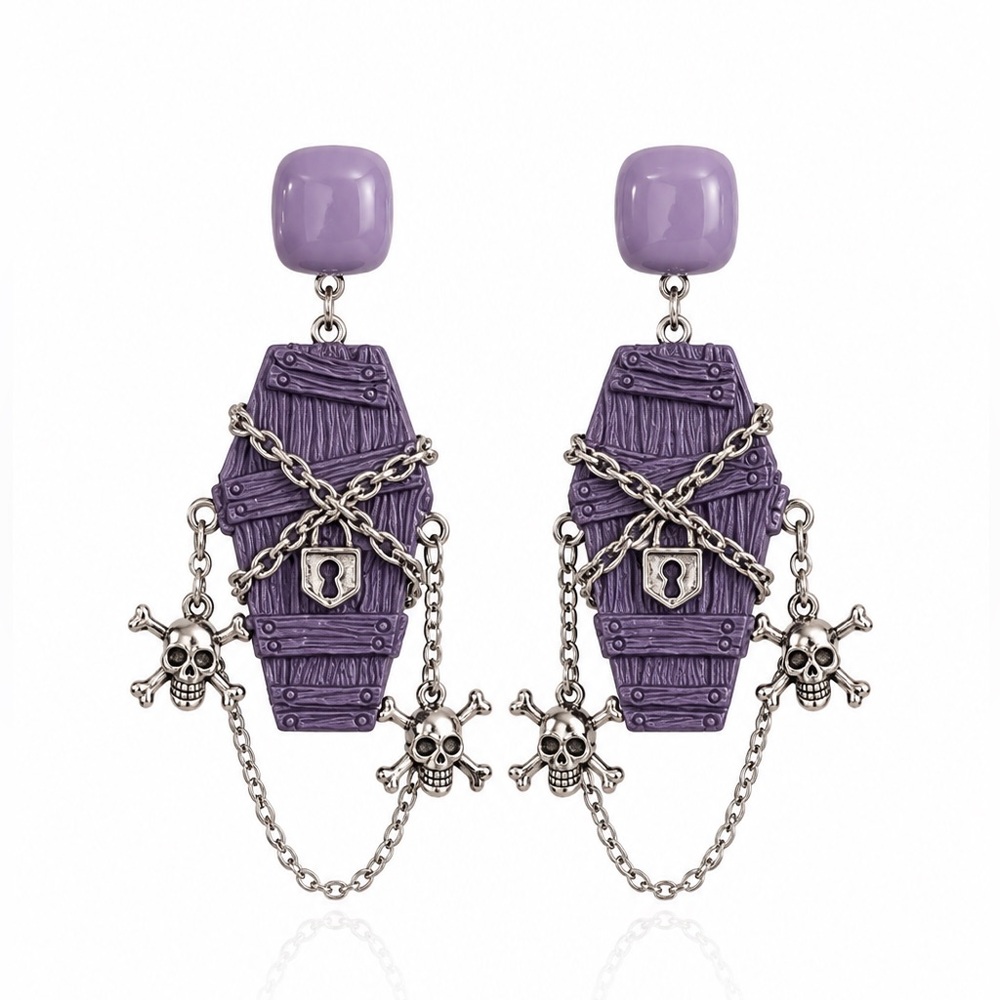 Purple Coffin & Skull Drop Earrings - Women's Fashion Jewelry